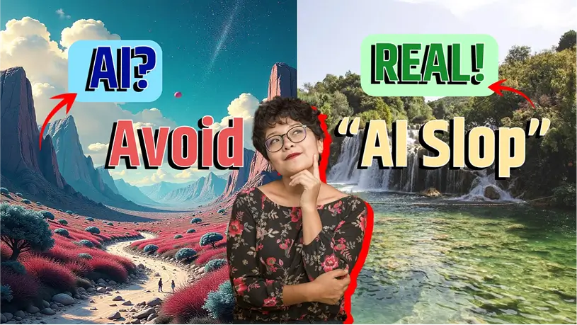 YouTube thumbnail comparing AI-generated art vs real landscapes with woman