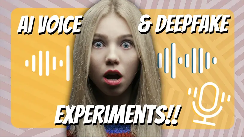 YouTube thumbnail featuring shocked woman with audio icons promoting AI voice and deepfake experiments video