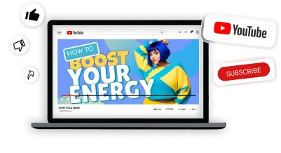 Custom YouTube thumbnail design on laptop with subscribe and like icons