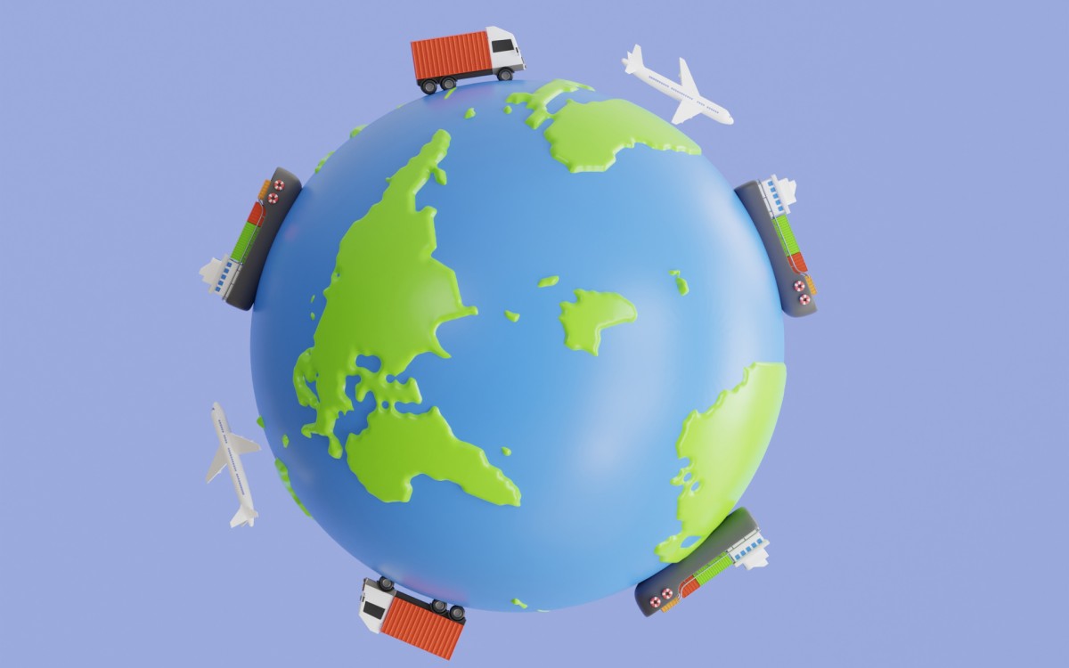 Earth with trucks and airplane for transporting goods