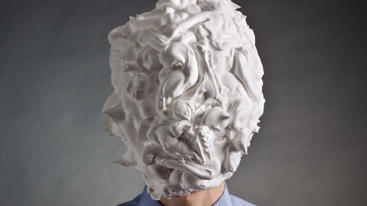 Advertisement of a man face covered with shaving cream
